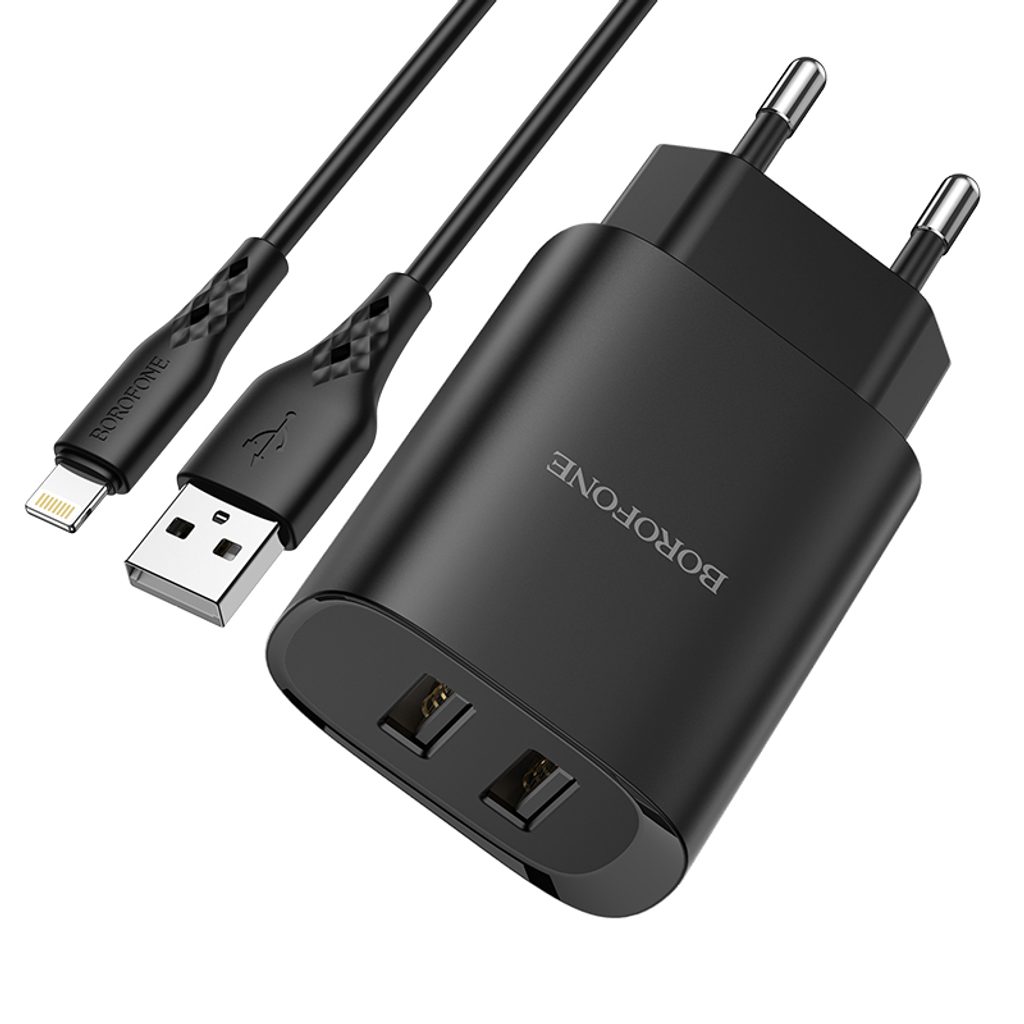 Borofone BN2 szuper töltő - 2x USB - Micro USB, 2,1A, fekete | Momanio.hu
