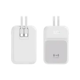 Bezprzewodowy Power Bank z 2 wbudowanymi kablami, 10000mAh, USB-C + Lightning, 15W, biały