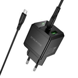 Ładowarka Borofone BN19 Intenso GaN - USB + USB-C, PD, 20W, QC 3.0, 3A z kablem USB-C - USB-C, 1 m, czarna