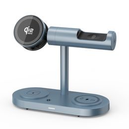 Qi2.2 MagSafe Nabíjecí stanice 5v1 s aktivním chlazením, 25 W a 360° rotací pro iPhone, Apple Watch, AirPods, Android, modrá