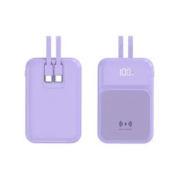Baterie externă wireless cu 2 cabluri integrate, 5000mAh, USB-C + Lightning, 15W, mov