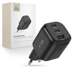 Tech-Protect 3-ports netoplader med GaN-teknologi, PD 3.2, 100 W / QC 3.0 - Sort