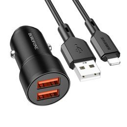 Borofone BZ19 Wisdom autós töltő, 2x USB, 12W, USB - Lightning kábellel, fekete színű