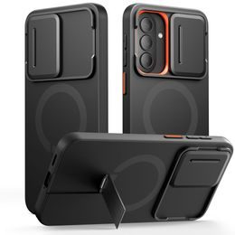 Tech-Protect Kevlar Aura MagSafe Hoesje - Schokbestendig - met Camera Cover & Standaard - voor Samsung Galaxy A57 - Zwart/Oranje