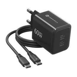Forcell F-Energy GaN III Ladegerät - 2x USB-C 60W - mit USB-C auf USB-C Kabel - Schwarz