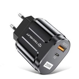 Techsuit Premium za pritrditev na steno polnilnik CHPD038, USB-A, USB-C, QC 3.0, 20W, črna