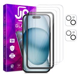 JP Mega Pack Tvrdených skiel, 3 sklá na telefón s aplikátorom + 2 sklá na šošovku, iPhone 15 Plus