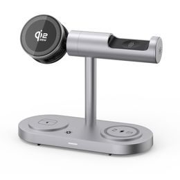 Qi2.2 MagSafe Nabíjecí stanice 5v1 s aktivním chlazením, 25 W a 360° rotací pro iPhone, Apple Watch, AirPods, Android, stříbrná