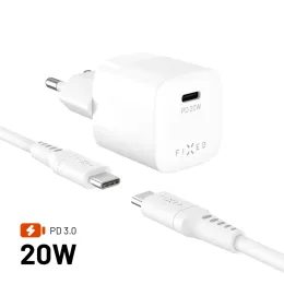 FIXED Mini hálózati töltő, USB-C, PD 20W USB-C - USB-C kábellel, 1,2 m, fehér
