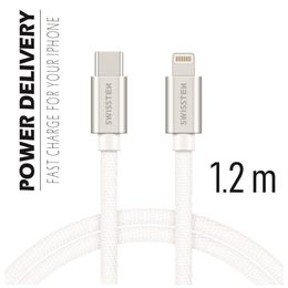 Swissten datový kabel textil, USB-C / Lightning, 1,2m, stříbrný