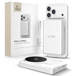 Tech-Protect PB40 LifeMag MagSafe powerbank, 10 000 mAh, 25 W, Qi2.2, biały / srebrny