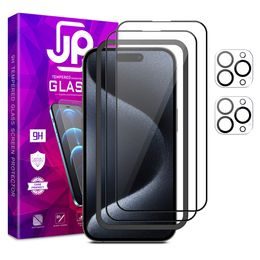 JP Full Pack Tvrdených skiel, 2x 3D sklo s aplikátorom + 2x sklo na šošovku, iPhone 15 Pro MAX