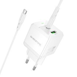 Ładowarka Borofone BN19 Intenso GaN - USB + USB-C, PD, 20W, QC 3.0, 3A z kablem USB-C - USB-C, 1 m, biała