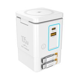 Stacja ładująca PowerCombo Tower 6w1 GaN3 Pro z ładowaniem bezprzewodowym, 105W, biała