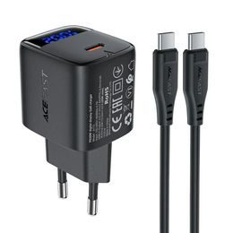 Acefast polnilnik A113 z digitalnim zaslonom, GaN, PD 20W, USB-C + kabel USB-C, 1 m, črn