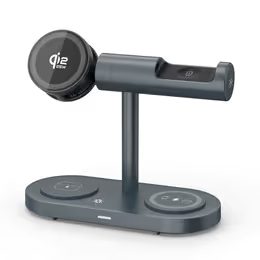 Qi2.2 MagSafe Oplaadstation 5-in-1 met Actieve Koeling, 25W en 360° Rotatie - voor iPhone, Apple Watch, AirPods, Android - Grijs