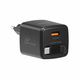 Swissten SlideCharge adapter sisseehitatud väljatõmmatava USB-C kaabliga GaN 30W 1x USB-A 18W – must