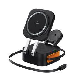 4 az 1-ben vezeték nélküli töltő mobiltelefonhoz, okosórához, fülhallgatóhoz, kihúzható USB-C kábellel, Qi, 25W, fekete