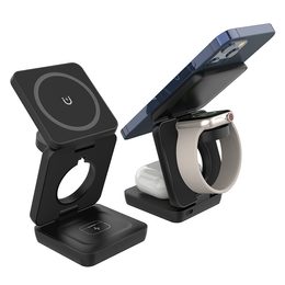 Bezdrátová skládací nabíječka Qi 3v1 Plastic, PD20W, QC3.0, černá