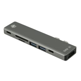 JP Hub 7v2, 2x USB-C na 2x USB 3.0 / HDMI / 2x USB-C PD / TF/Micro SD, siva