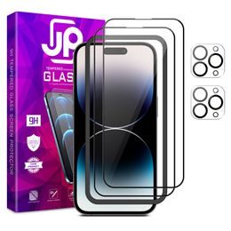 JP Full Pack Tvrdených skiel, 2x 3D sklo s aplikátorom + 2x sklo na šošovku, iPhone 14 Pro MAX