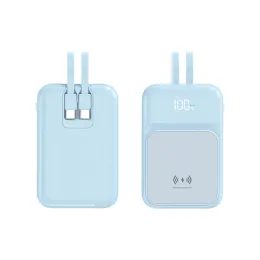 Bezprzewodowy Power Bank z 2 wbudowanymi kablami, 5000mAh, USB-C + Lightning, 15W, niebieski