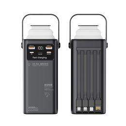 Power Bank 50.000mAh με 4 ενσωματωμένα καλώδια, 2x USB-A, 1x USB-C, PD, QC 3.0, LED φως camping, μαύρο