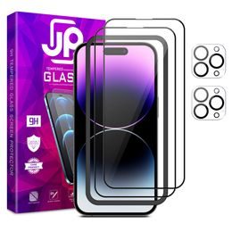 JP Full Pack edzett üveg, 2x 3D üveg applikátorral + 2x üveg a lencsére, iPhone 14 Pro