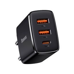Baseus Compact Γρήγορος Φορτιστής, 2x USB, USB-C, PD, 3A, 30W, Μαύρο