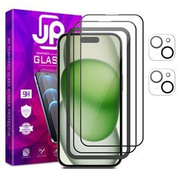 JP Full Pack Tvrdených skiel, 2x 3D sklo s aplikátorom + 2x sklo na šošovku, iPhone 15