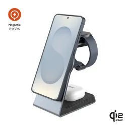 FIXED MagPowerstation Alu 3 az 1-ben vezeték nélküli töltőállvány Samsung készülékekhez MagSafe-fel, 25W + 5W + 2W, Qi2.2, űrszürke
