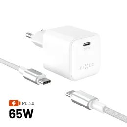 FIXED Mini GaN hálózati töltő, USB-C, PD 65W USB-C - USB-C kábellel, 2 m, fehér