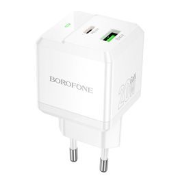 Adapter Borofone BN19 Intenso GaN - USB + USB-C, PD, 20W, QC 3.0, 3A, biały