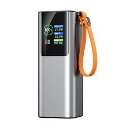 Aluminium Powerbank für Laptop-Aufladung, 20.000 mAh, 100W, PD 3.0 mit integriertem ausziehbarem USB-C Kabel, grau