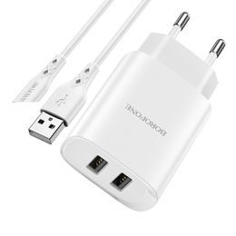 Borofone punjač BN2 Super - 2x USB - Micro USB, 2,1A, bijela