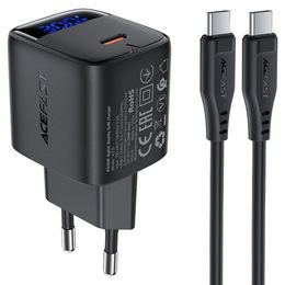 Acefast polnilnik A115 z digitalnim zaslonom, GaN, PD 30W, USB-C + USB-C kabel, 1,2 m, črn
