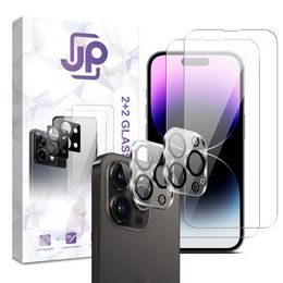 Pachet JP Combo, Set 2 sticle securizate și 2 protecții pentru cameră, iPhone 14 Pro Max