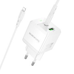 Încărcător Borofone BN19 Intenso GaN - USB + USB-C, PD, 20W, QC 3.0, 3A cu cablu USB-C - Lightning, 1 m, alb