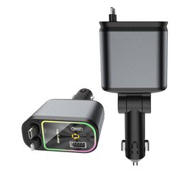 Auto punjač 4u1 s 2 uvlačiva kabela USB-C + Lightning, PD, QC 3.0, s LED crvenim svjetlom noćnog neba, sivi