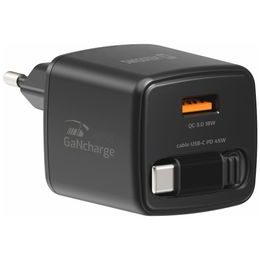 Swissten SlideCharge adapter sissetõmmatava USB-C kaabliga GaN 45W 1x USB-A 18W – must