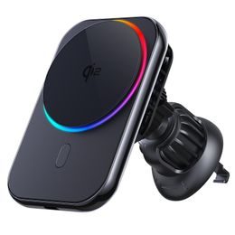 Chladící MagSafe Qi2 držák s bezdrátovým nabíjením do ventilační mřížky auta, s RGB volitelným podsvícením, 15W, hranatý, černý