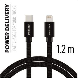 Swissten tekstilni podatkovni kabel, USB-C / Lightning, 1,2 m, črn