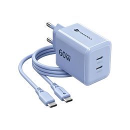 Forcell F-Energy GaN III Ladegerät mit 2x USB-C 60 W + USB-C auf USB-C Kabel - Blau