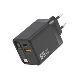 65W Ładowarka GaN z USB-A i USB-C, wysuwanym kablem USB-C i szybkim ładowaniem, QC3.0, PD 3.0, czarna