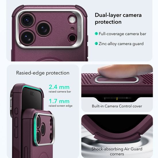 iPhone 17 Pro / 18 Pro vāciņš – ESR Cyber Armor Kickstand ar statīvu – sarkans