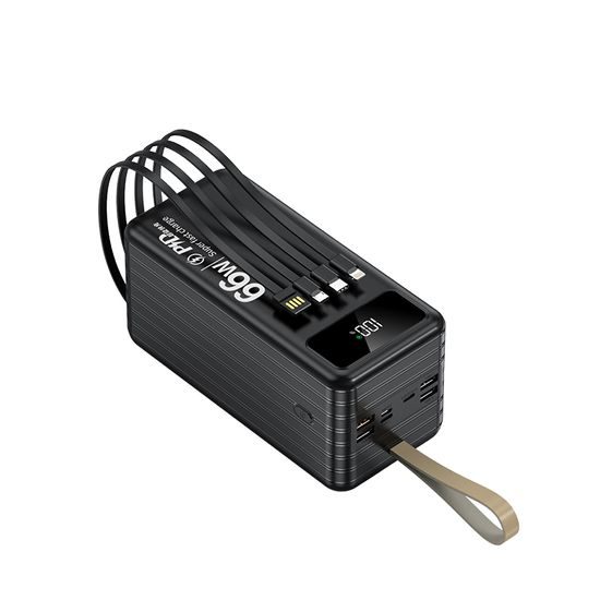 Power Bank 60.000 mAh, PD66W, 2.1A, 4 ενσωματωμένα καλώδια + LED φως, μαύρο