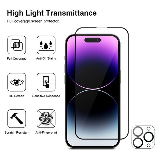 JP Full Pack Πλήρες Πακέτο Προστατευτικών Γυαλιών, 2x 3D γυαλί με εφαρμογέα + 2x γυαλί για φακό, iPhone 14 Pro