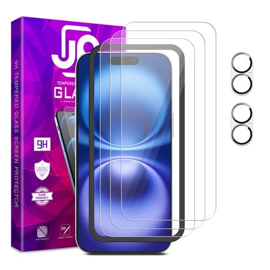 JP Mega Pack Szkło hartowane, 3 szkła na telefon z aplikatorem + 2 szkła na obiektyw, iPhone 16 Plus