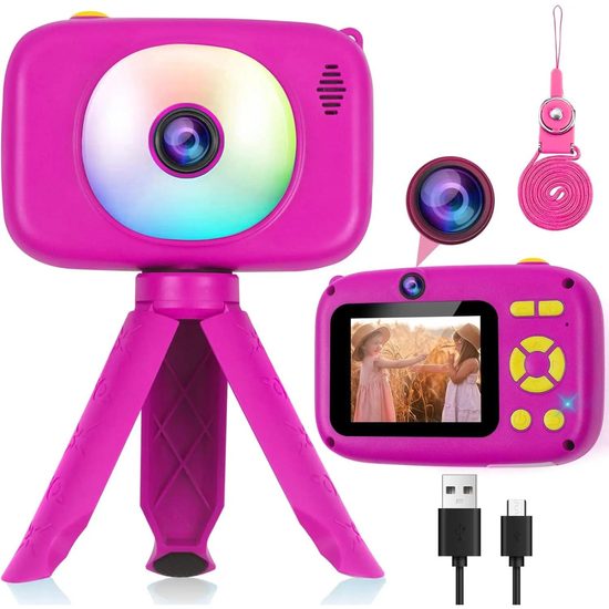 Camera digitală pentru copii cu funcție de cameră video, cu trepied, 1080P HD, mod selfie, roz