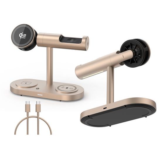 Qi2.2 MagSafe Nabíjecí stanice 5v1 s aktivním chlazením, 25 W a 360° rotací pro iPhone, Apple Watch, AirPods, Android, zlatá